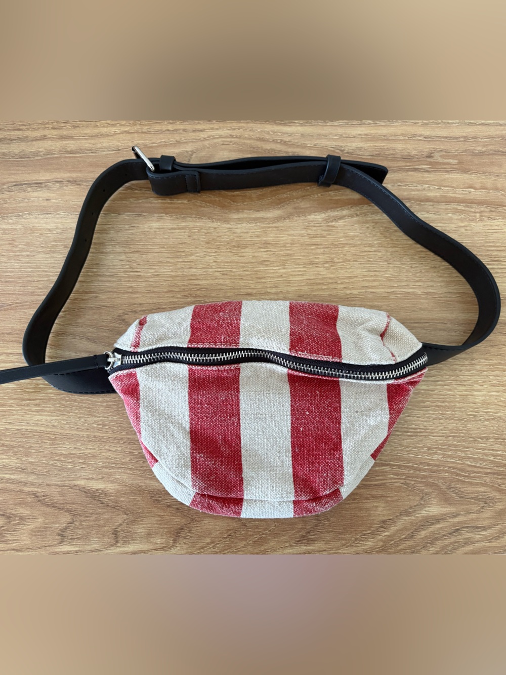 French Connection Red and Cream Striped Canvas Crossbody Belt Bag